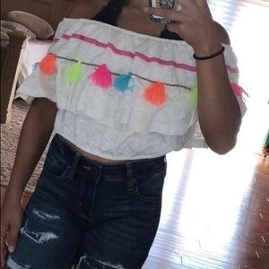 White and neon off the shoulder top